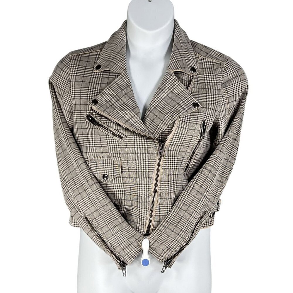 BlankNYC S Windowpane Plaid Moto Jacket Asymmetrical Zip Pockets Faux Suede Chic - Picture 7 of 16